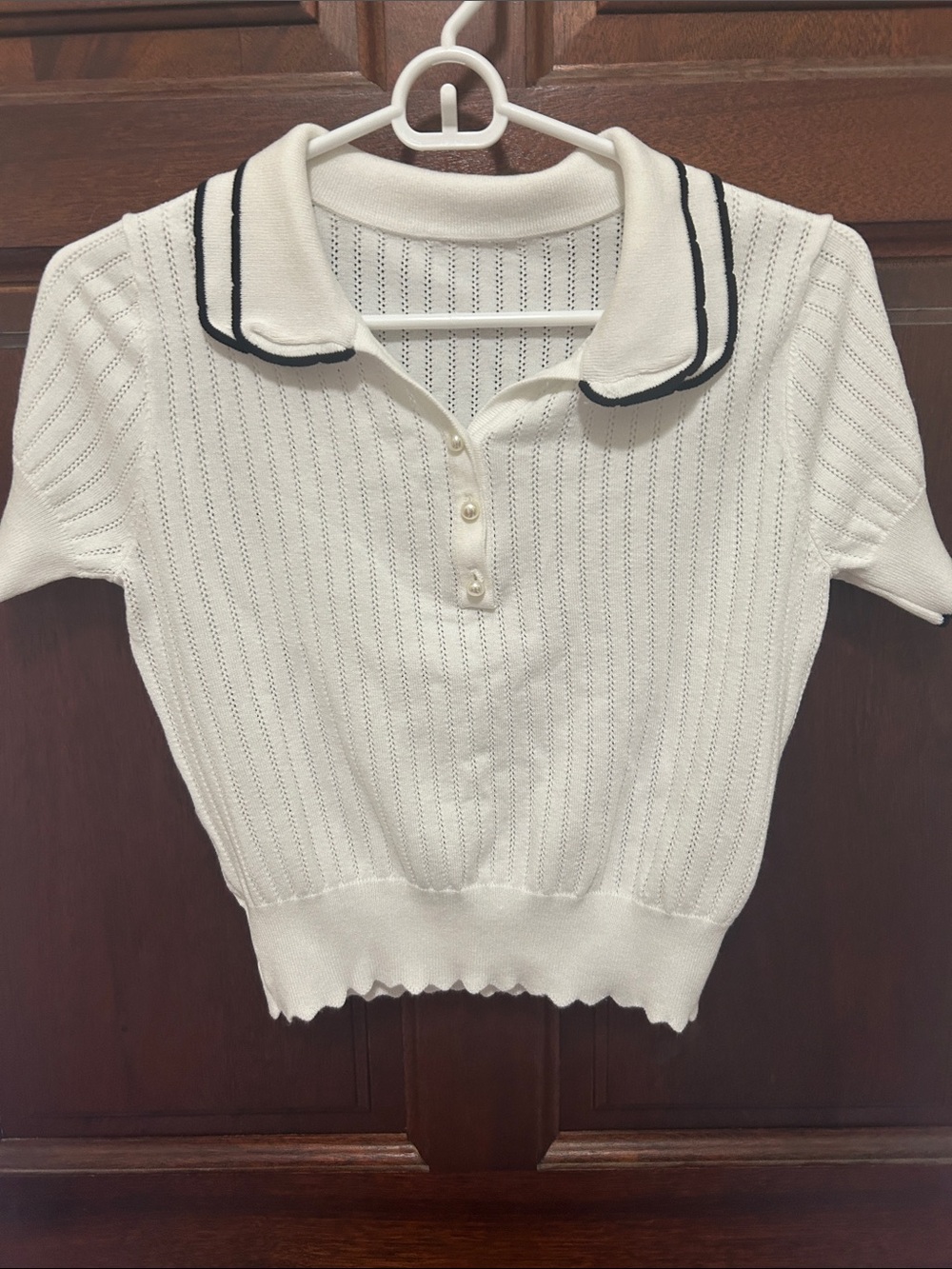 White Knit Polo Crop Top with Black Collar Trim